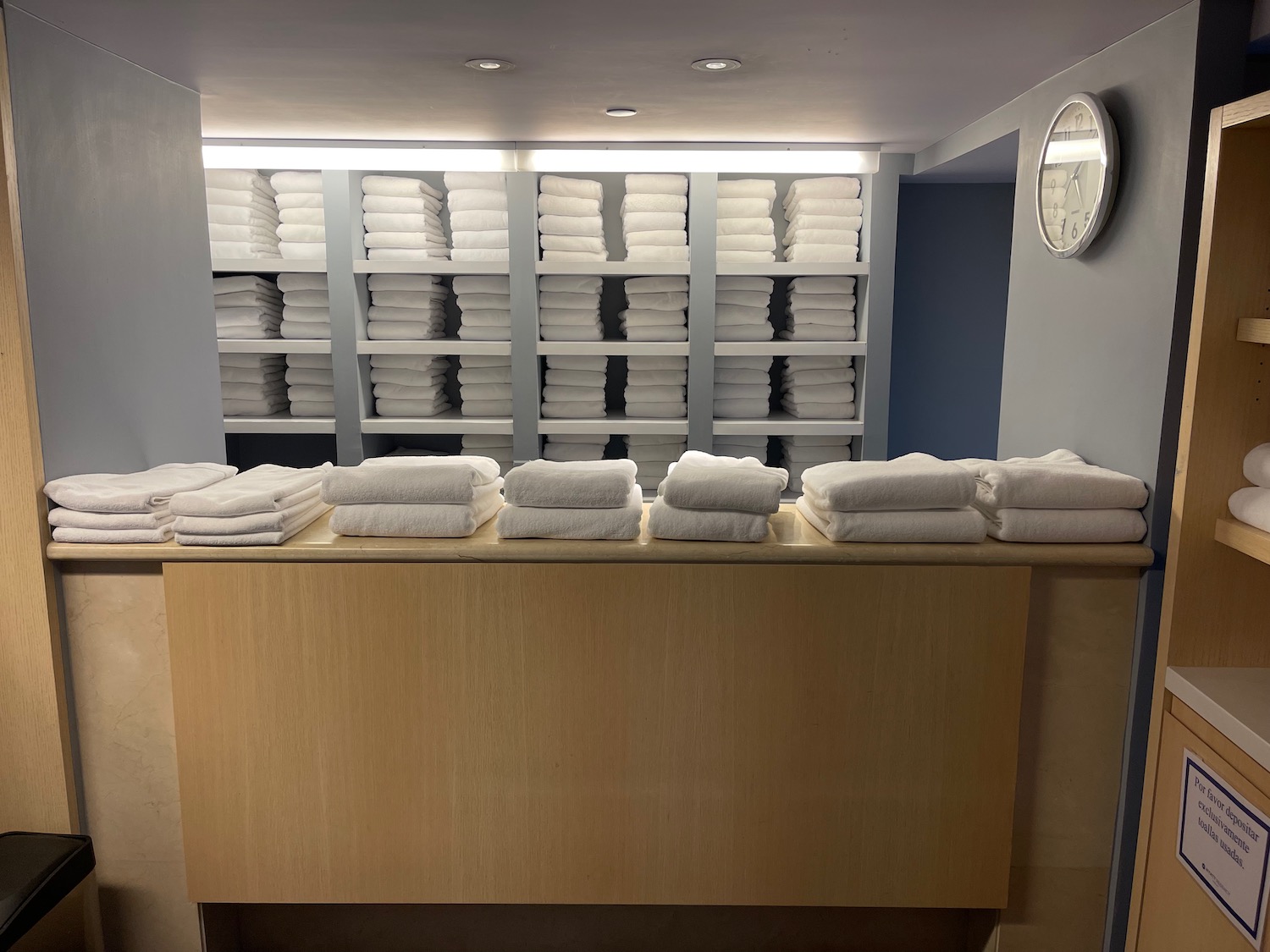 a counter with towels on it