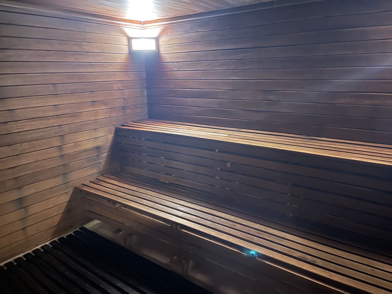 a wooden bench in a sauna