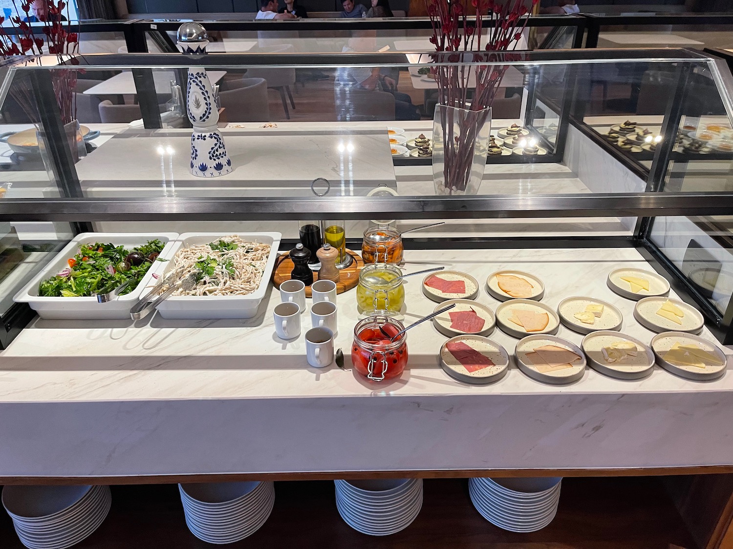 a buffet table with food on it