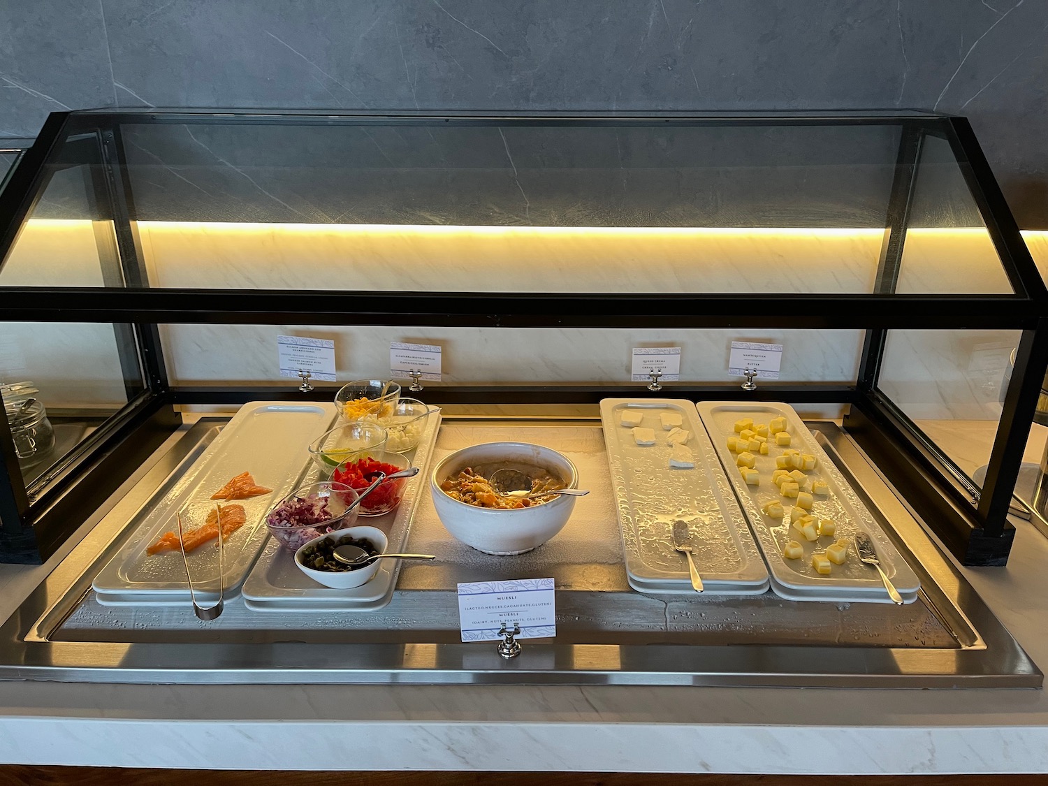 a buffet with food on it