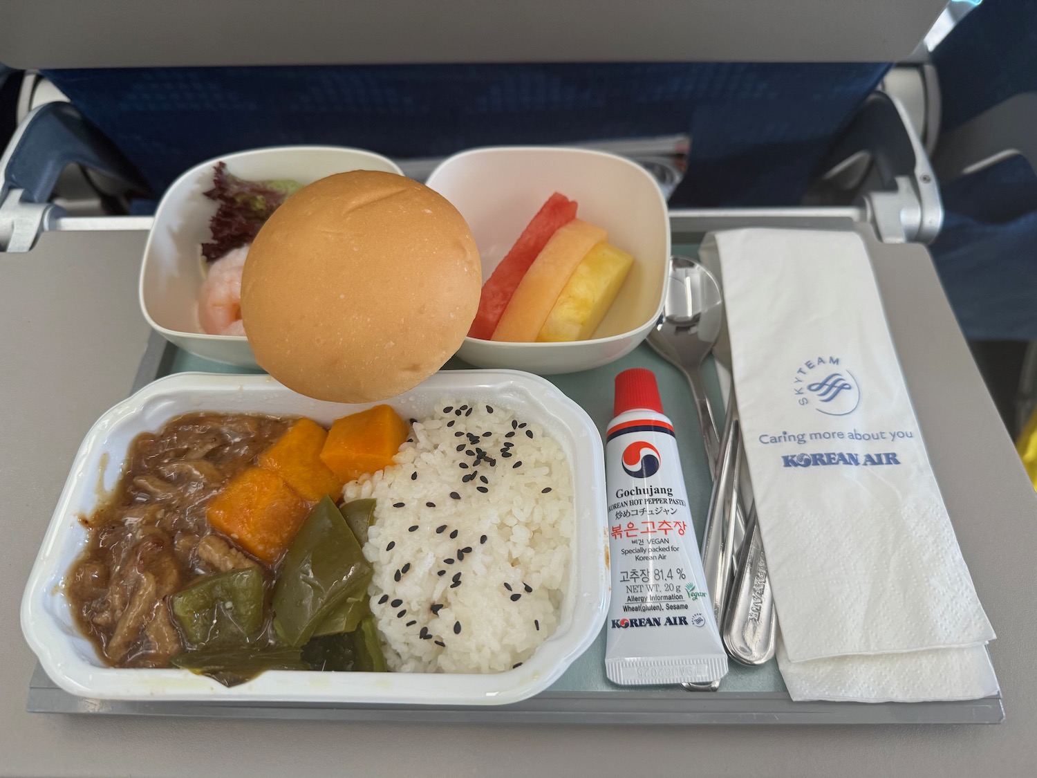 a tray of food on a plane