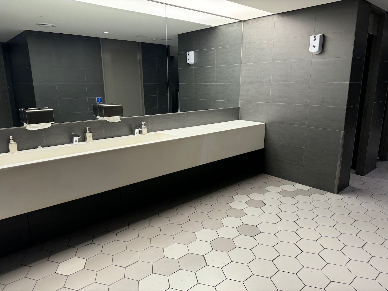 a bathroom with a large mirror and a sink