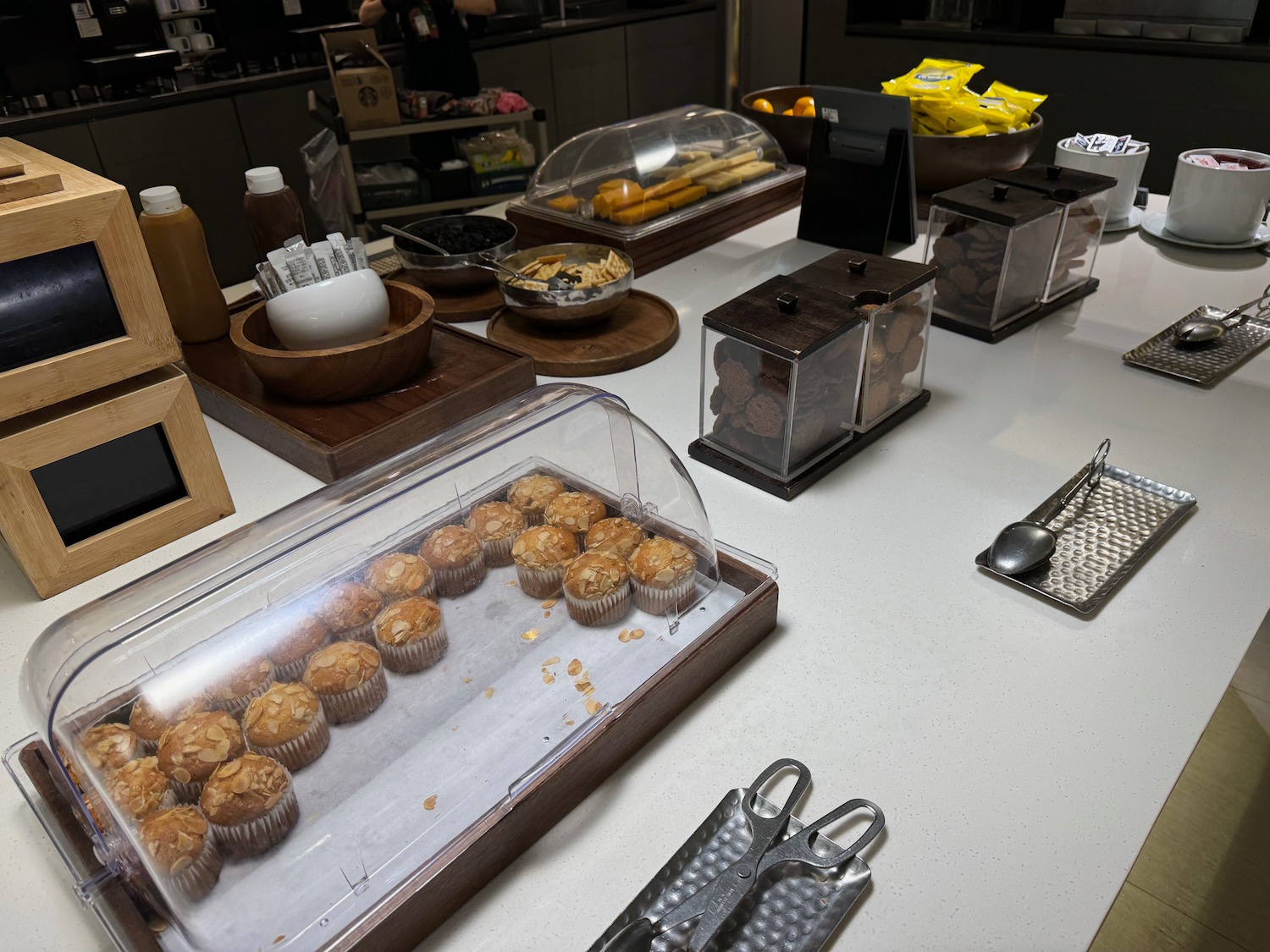 a counter with food and utensils