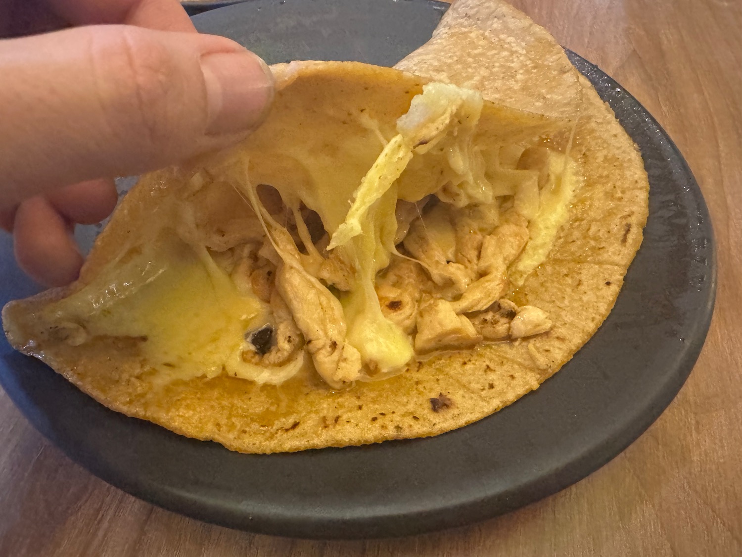 a person holding a tortilla with cheese