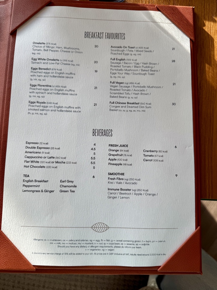 Park Hyatt London River Thames breakfast menu with prices