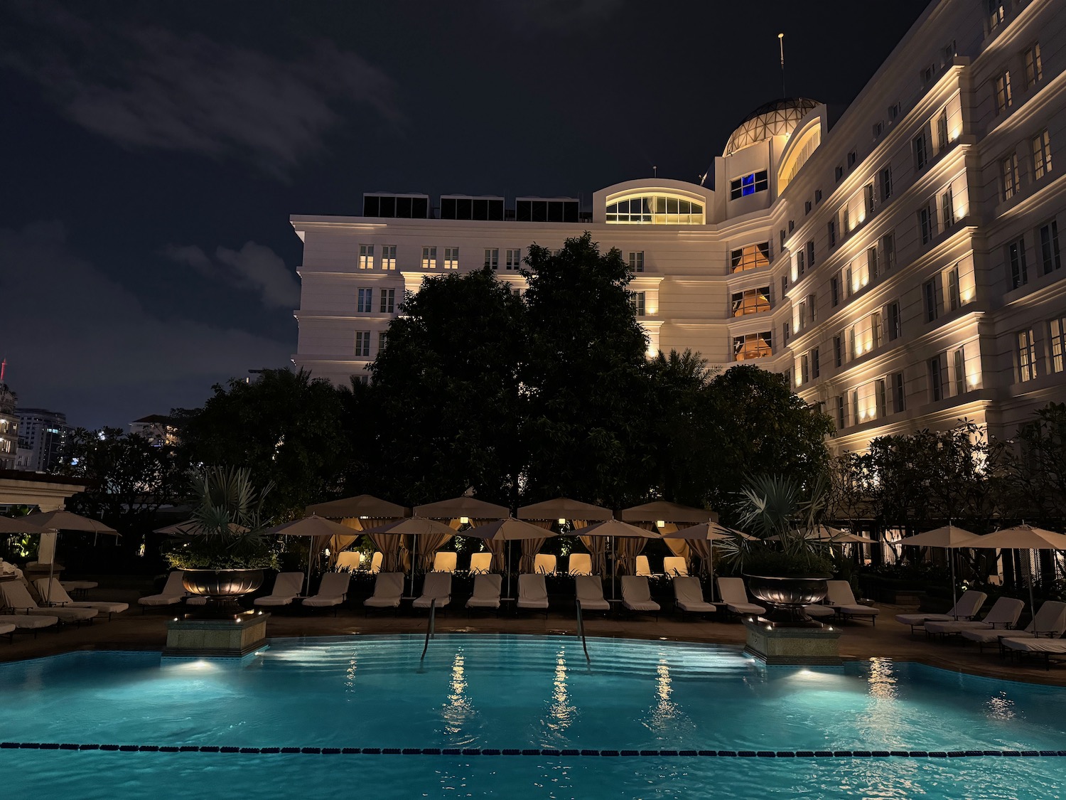 a pool in front of a building