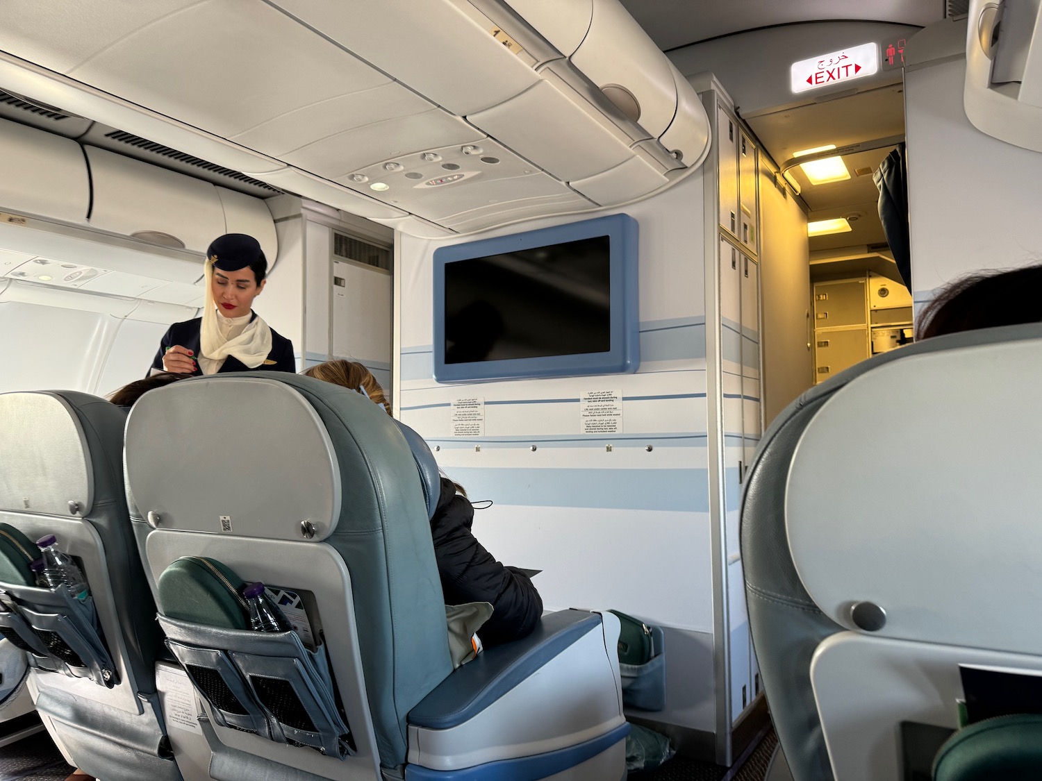 a woman sitting in a chair in an airplane