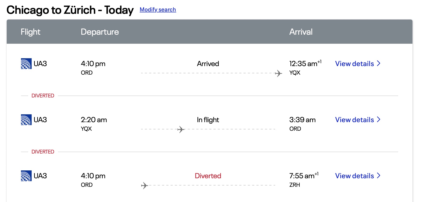 a screenshot of a flight schedule