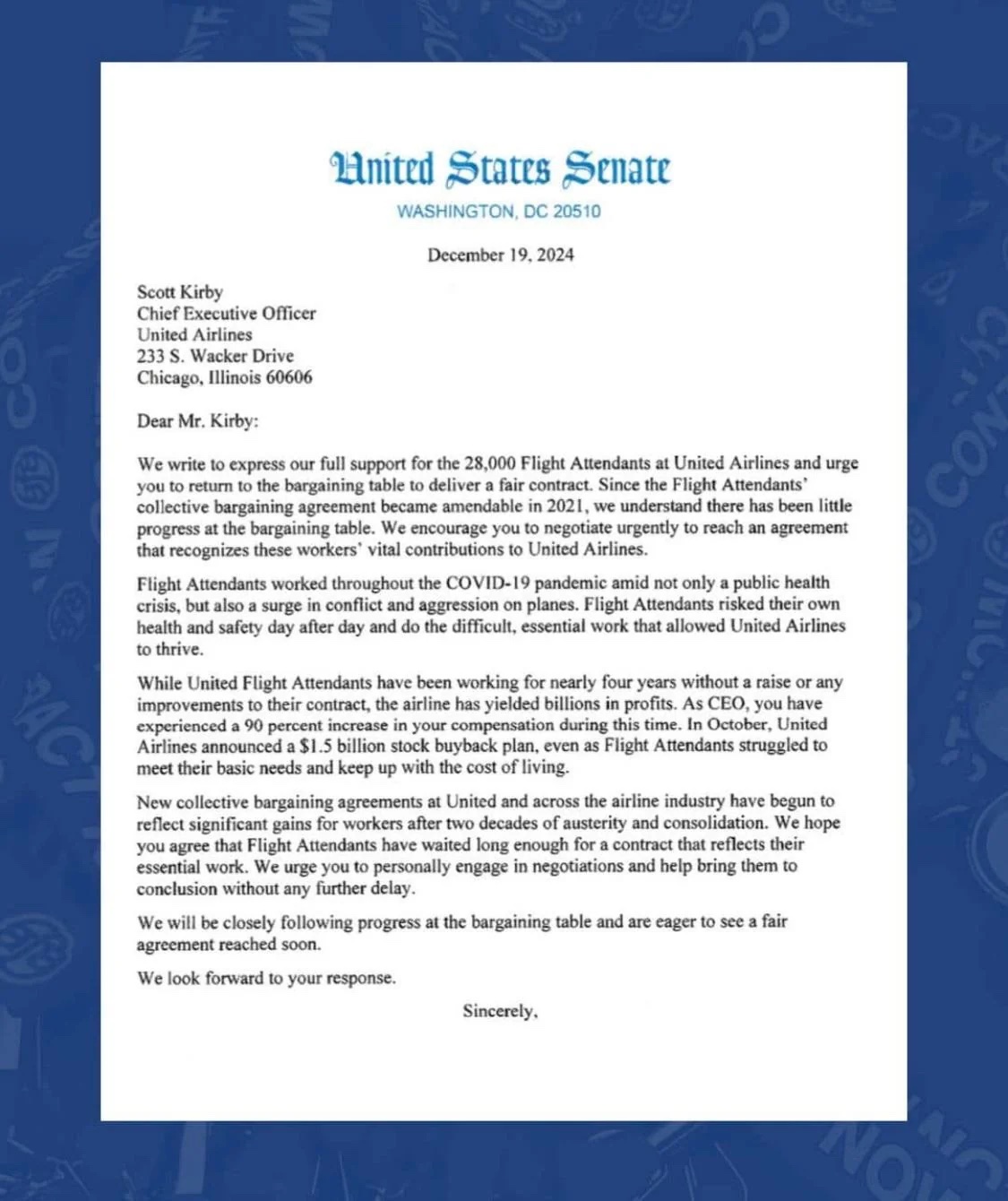 a letter to the united states senate