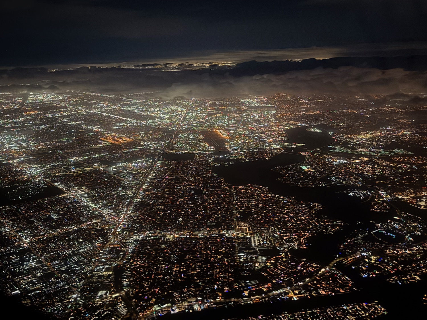 aerial view of a city at night