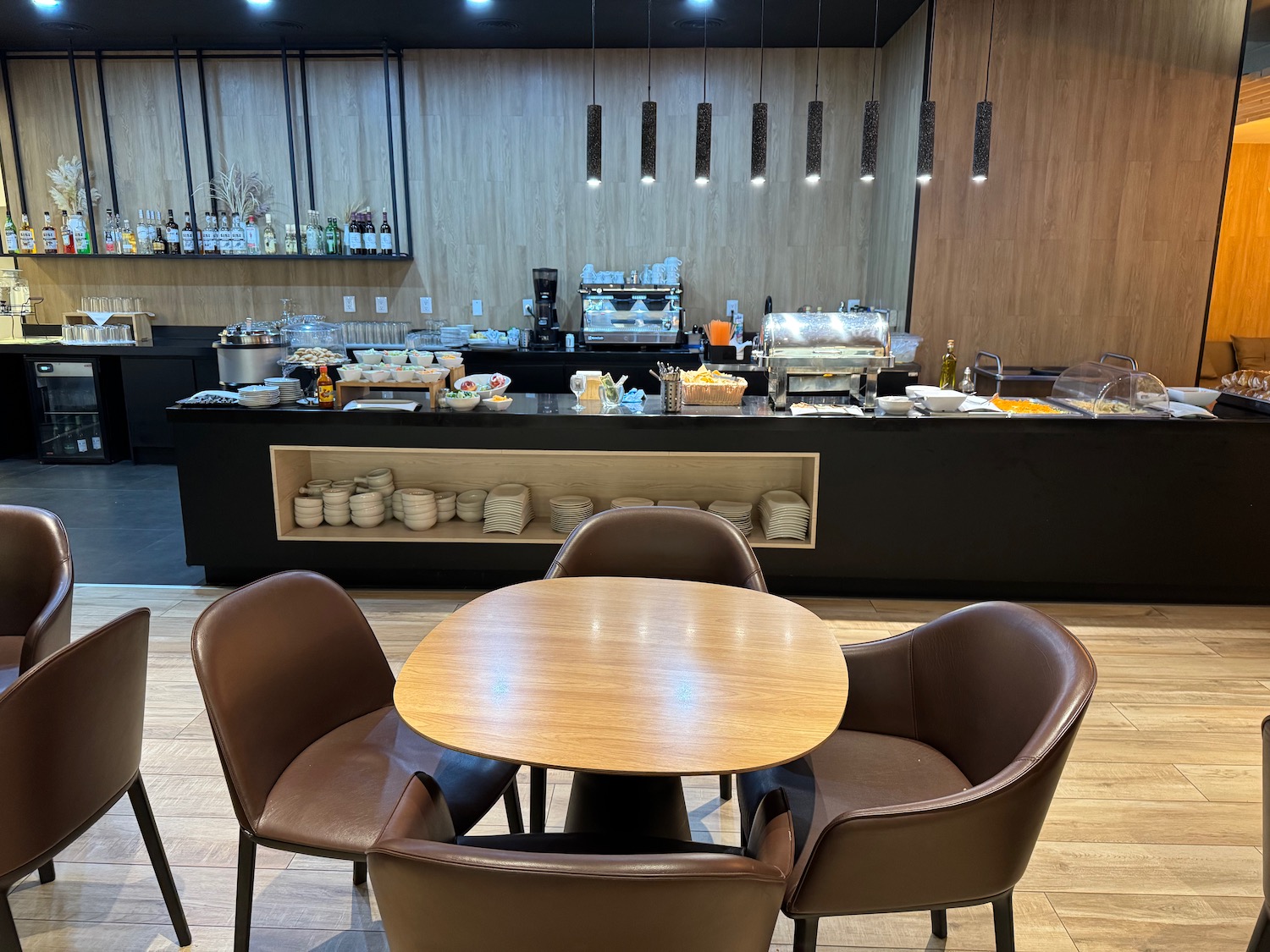 a table and chairs in a restaurant