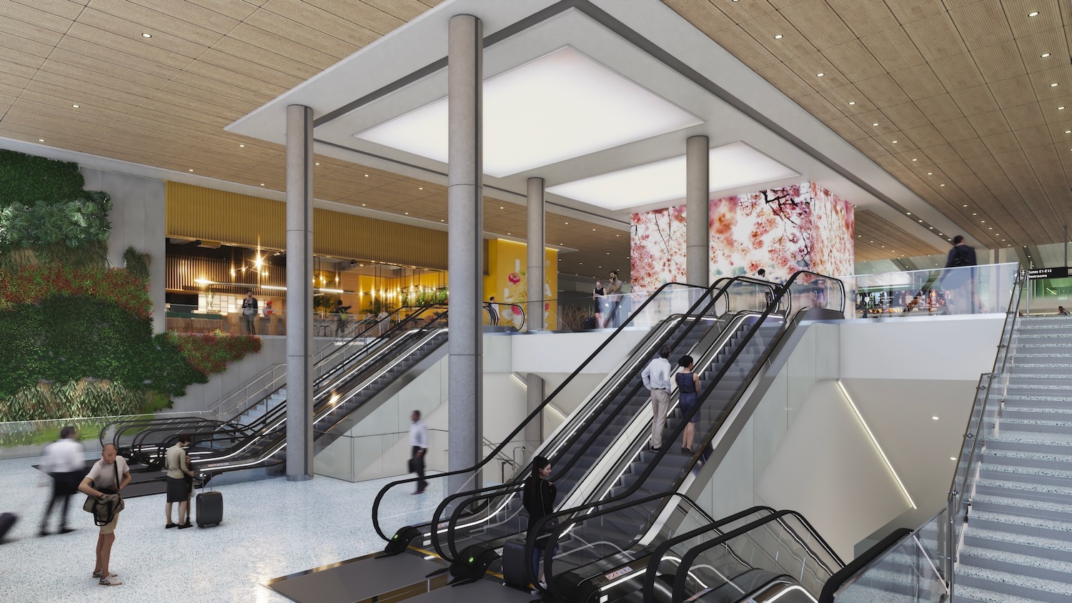 a group of people on escalators in a building