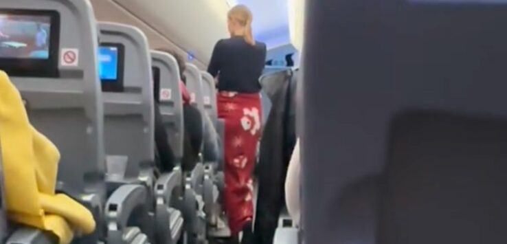 a woman walking on an airplane