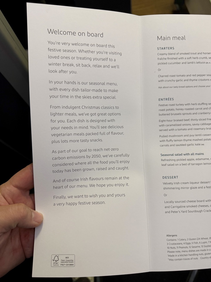 Aer Lingus business class menu introduction