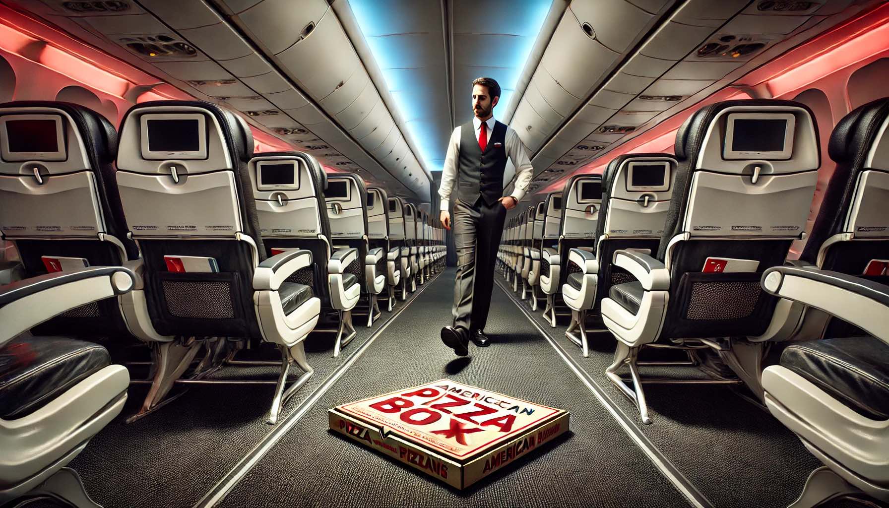 a man walking in an airplane with a pizza box