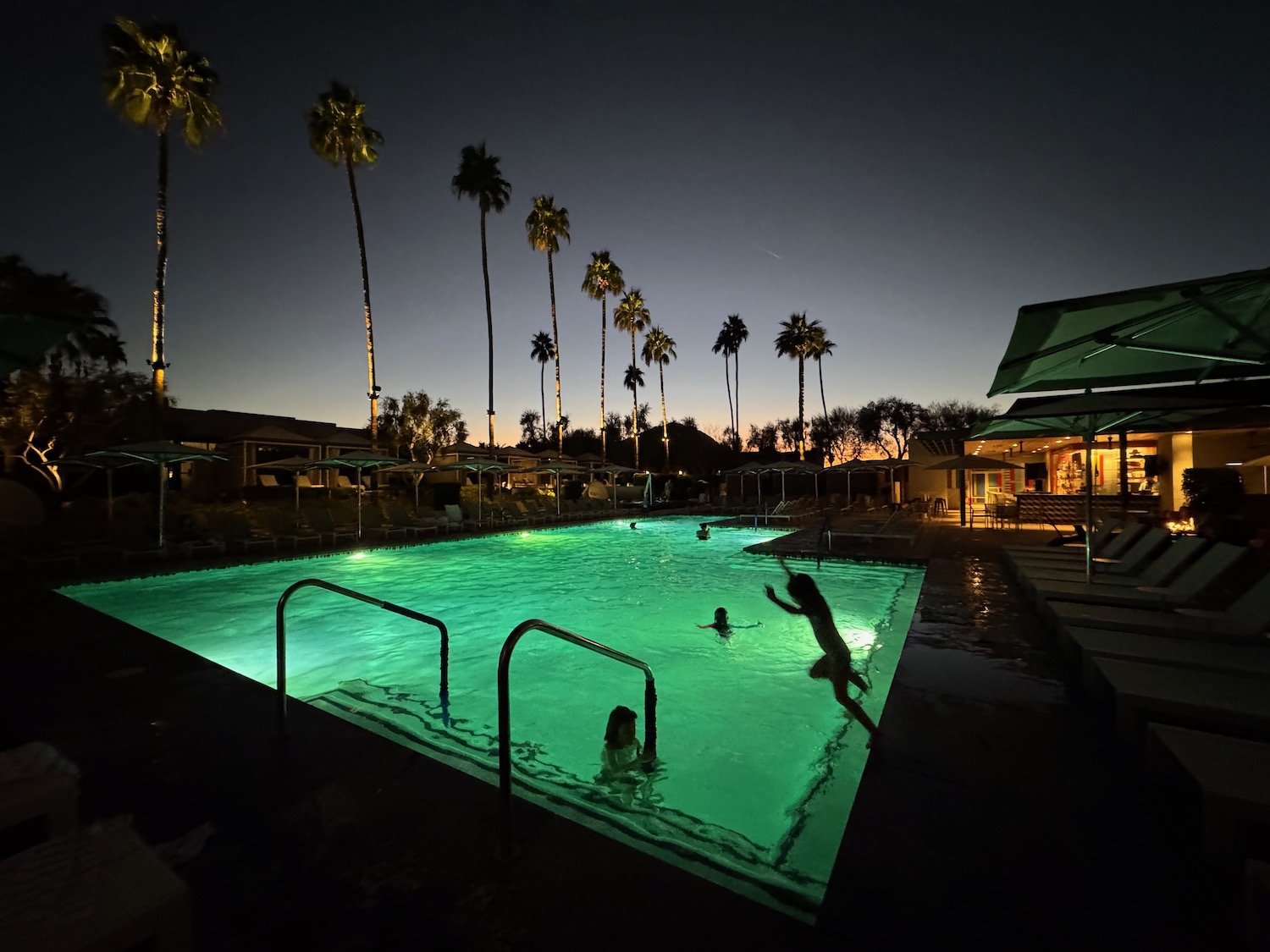 a group of people in a pool at night