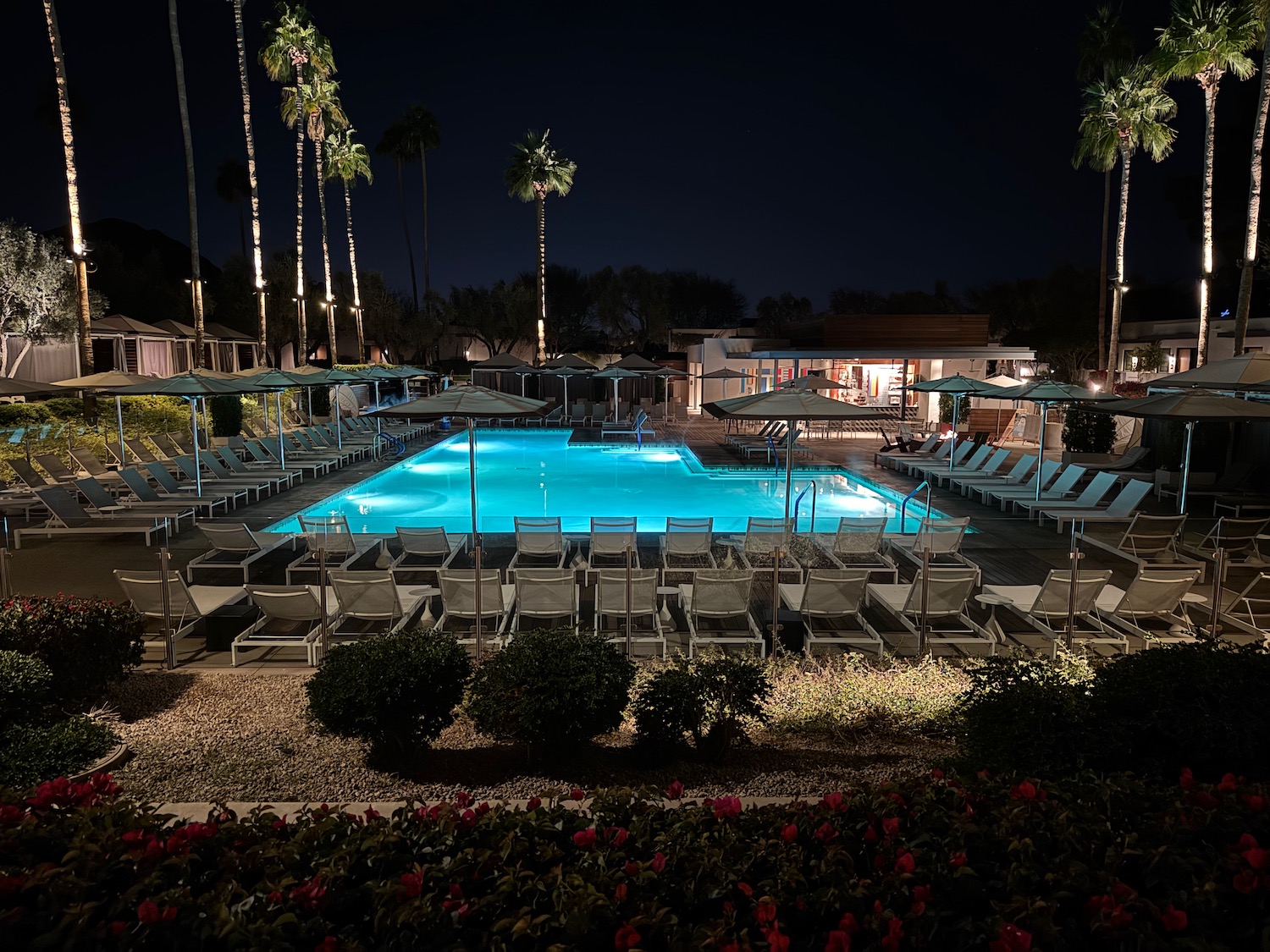 a pool with lounge chairs and umbrellas at night