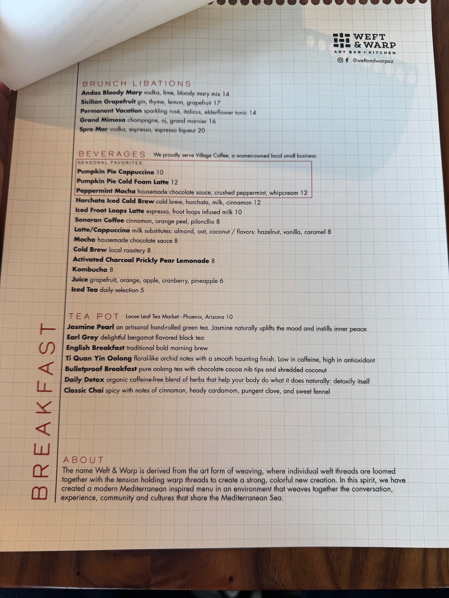 a menu on a paper