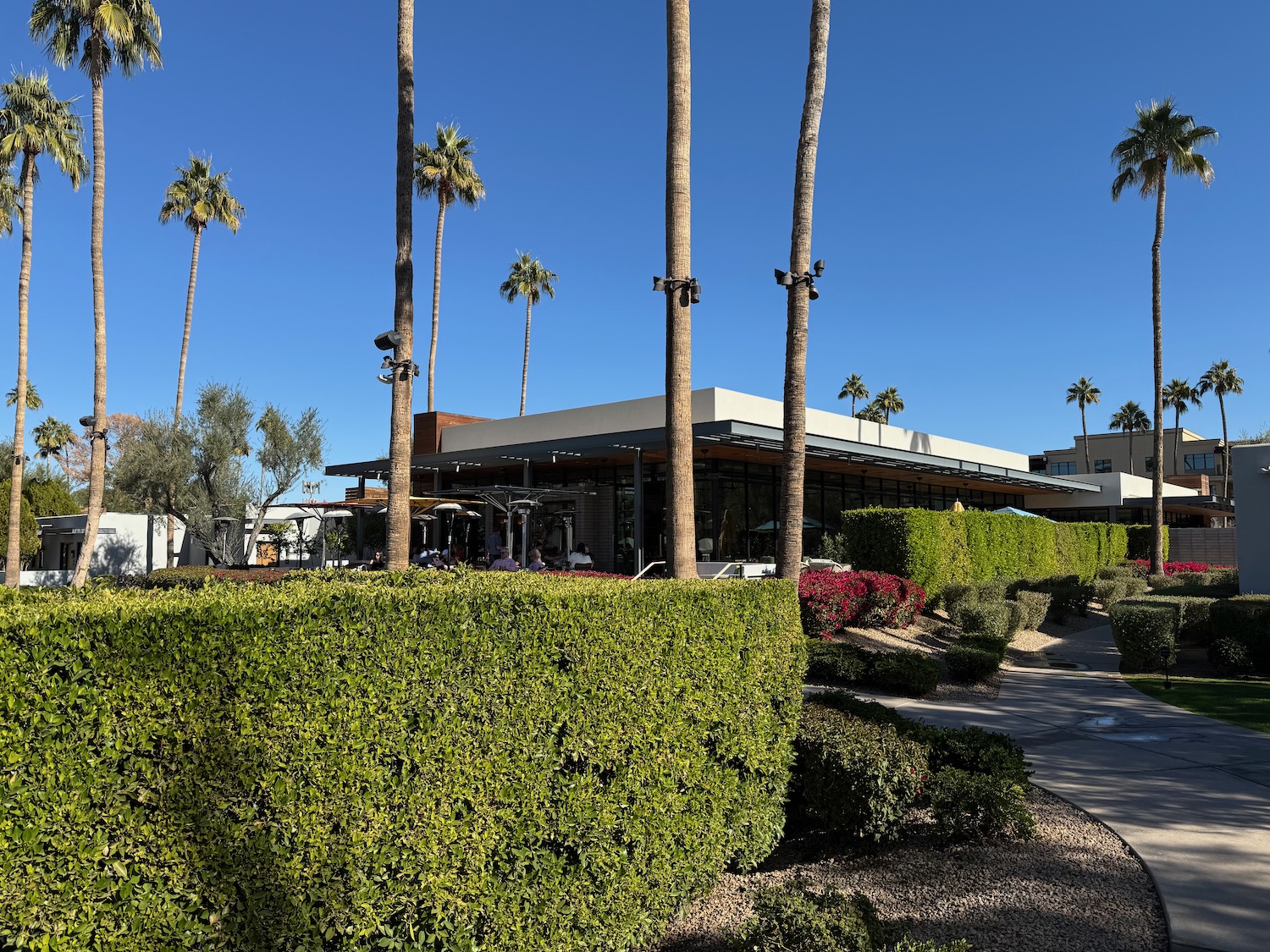 a building with palm trees and bushes