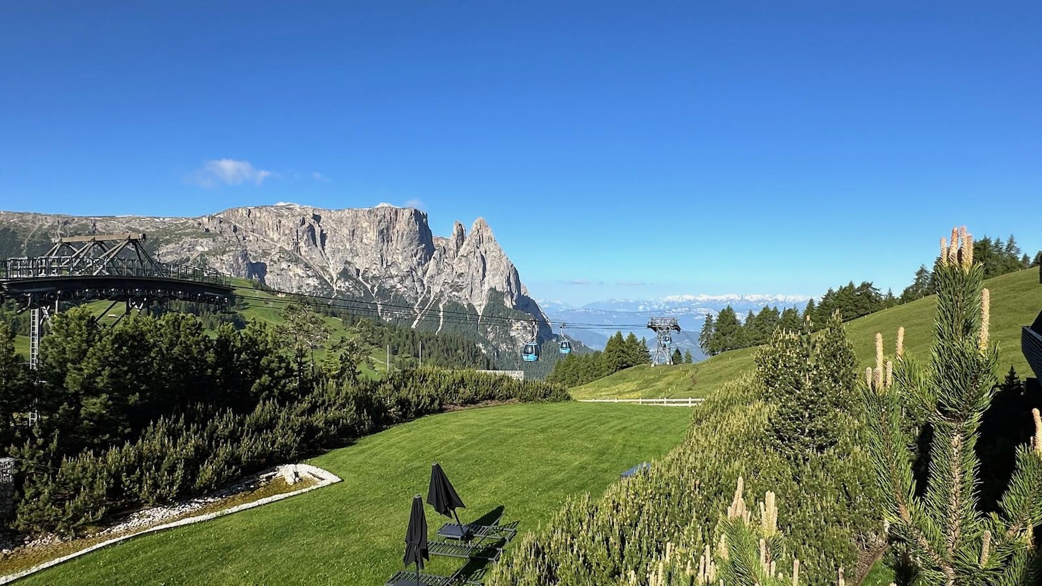 a green field with trees and mountains in the background