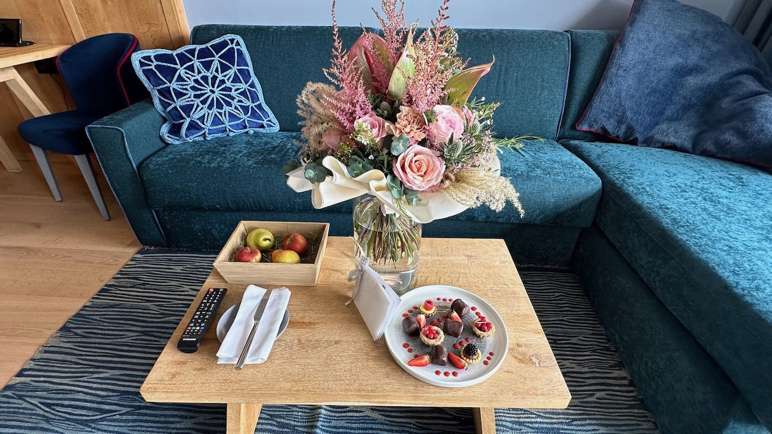 a table with food and flowers on it