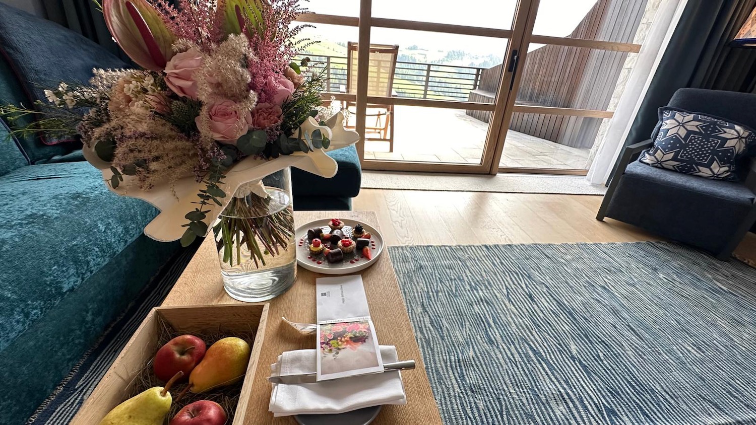 a table with food and flowers on it