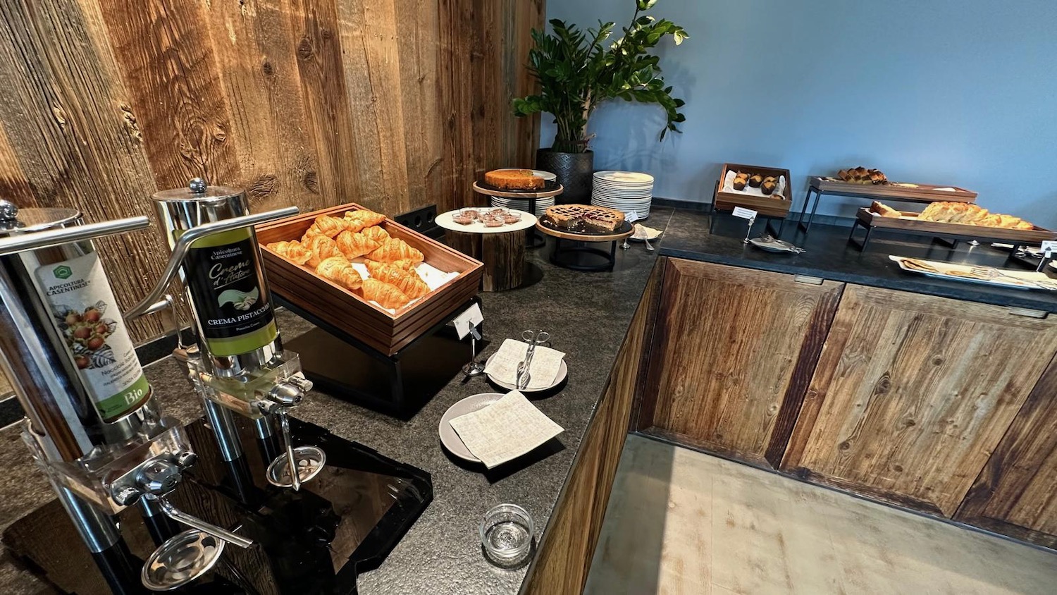 a buffet table with food on it