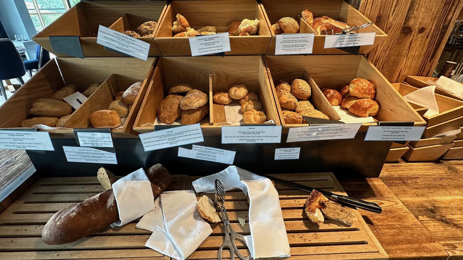 a display of bread and rolls