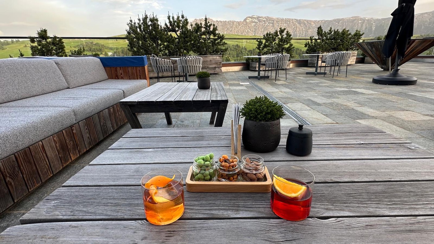 a table with drinks and food on it