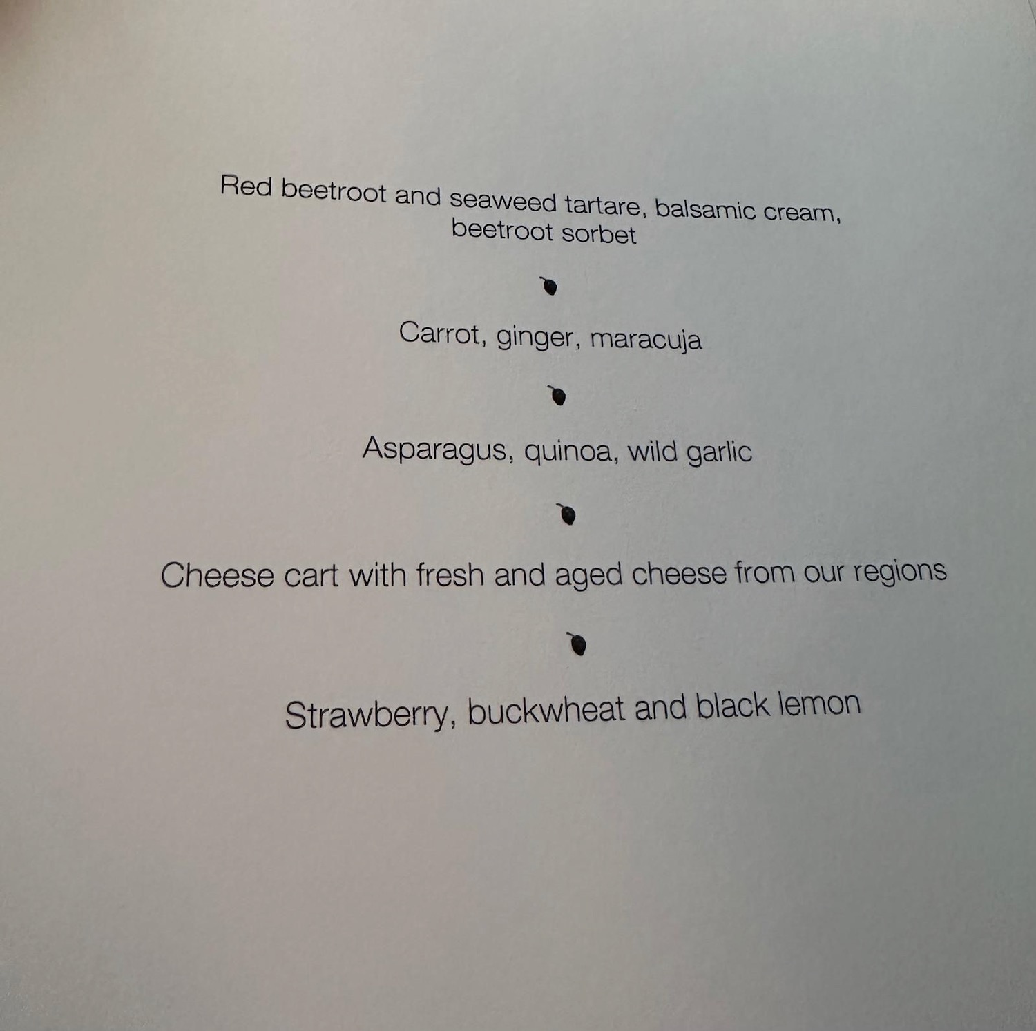 a menu with black text