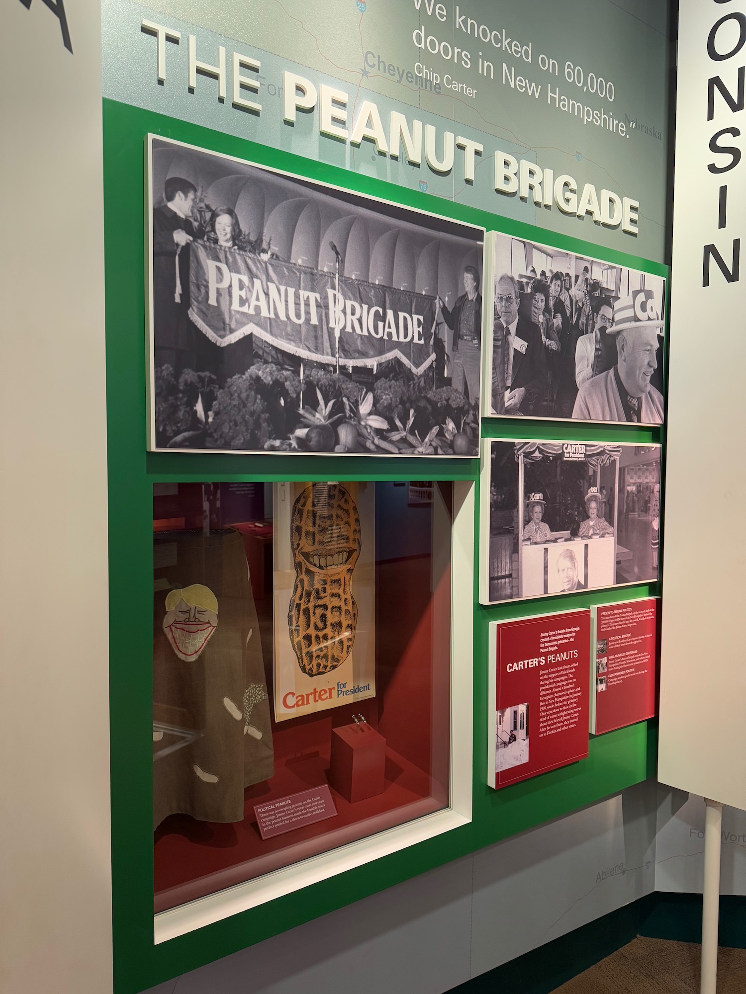 a display case with pictures and text