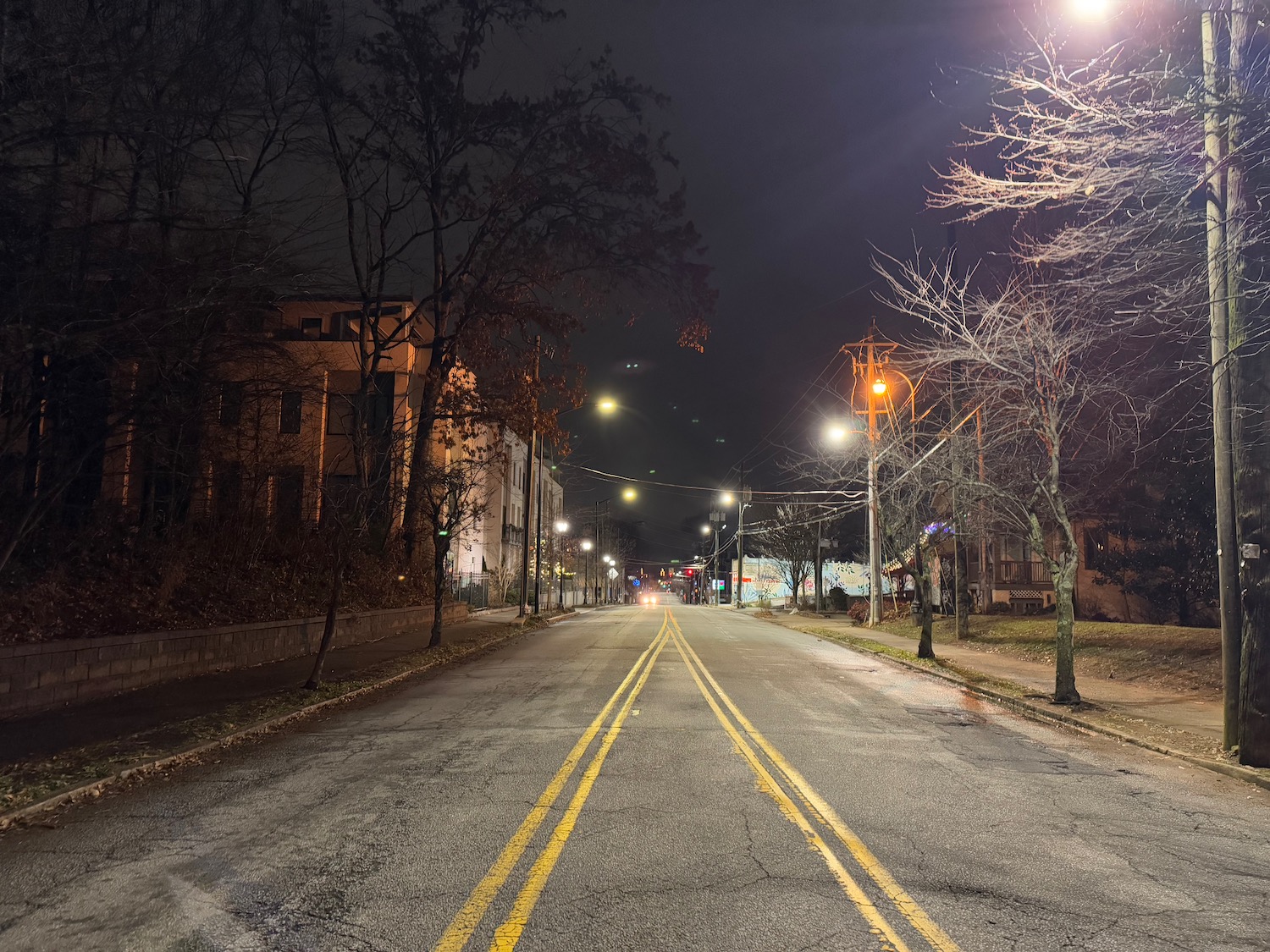 a street with trees and street lights at night