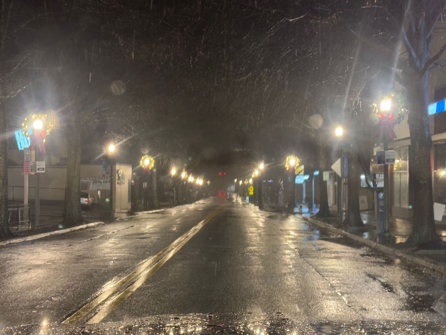 a street with lights on it at night