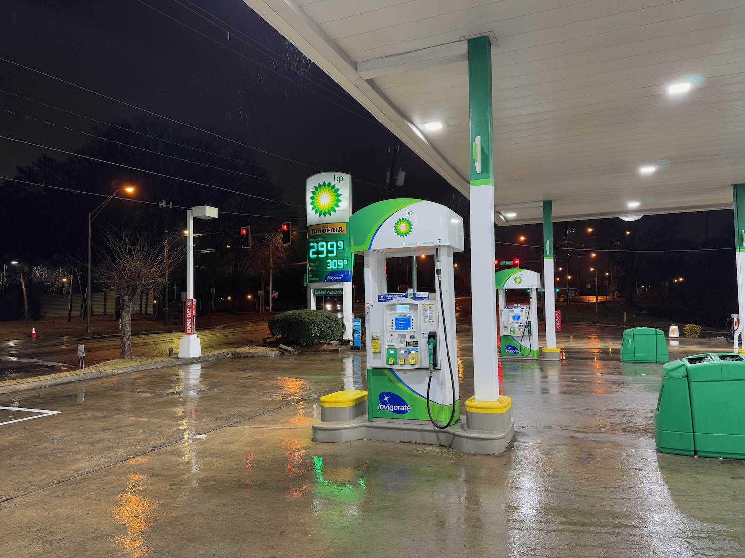 a gas station at night