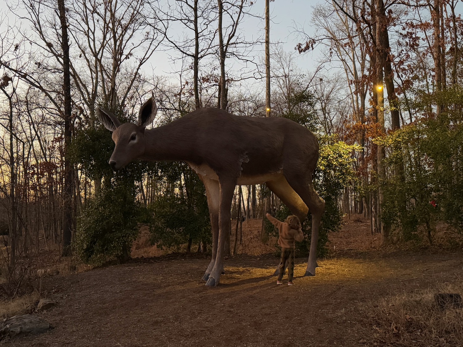 a person standing next to a large deer