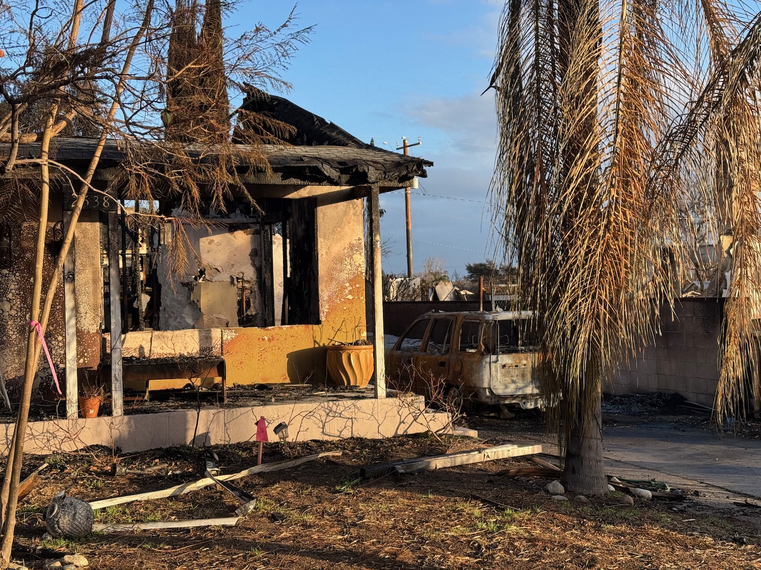 a house with a burnt roof and a tree