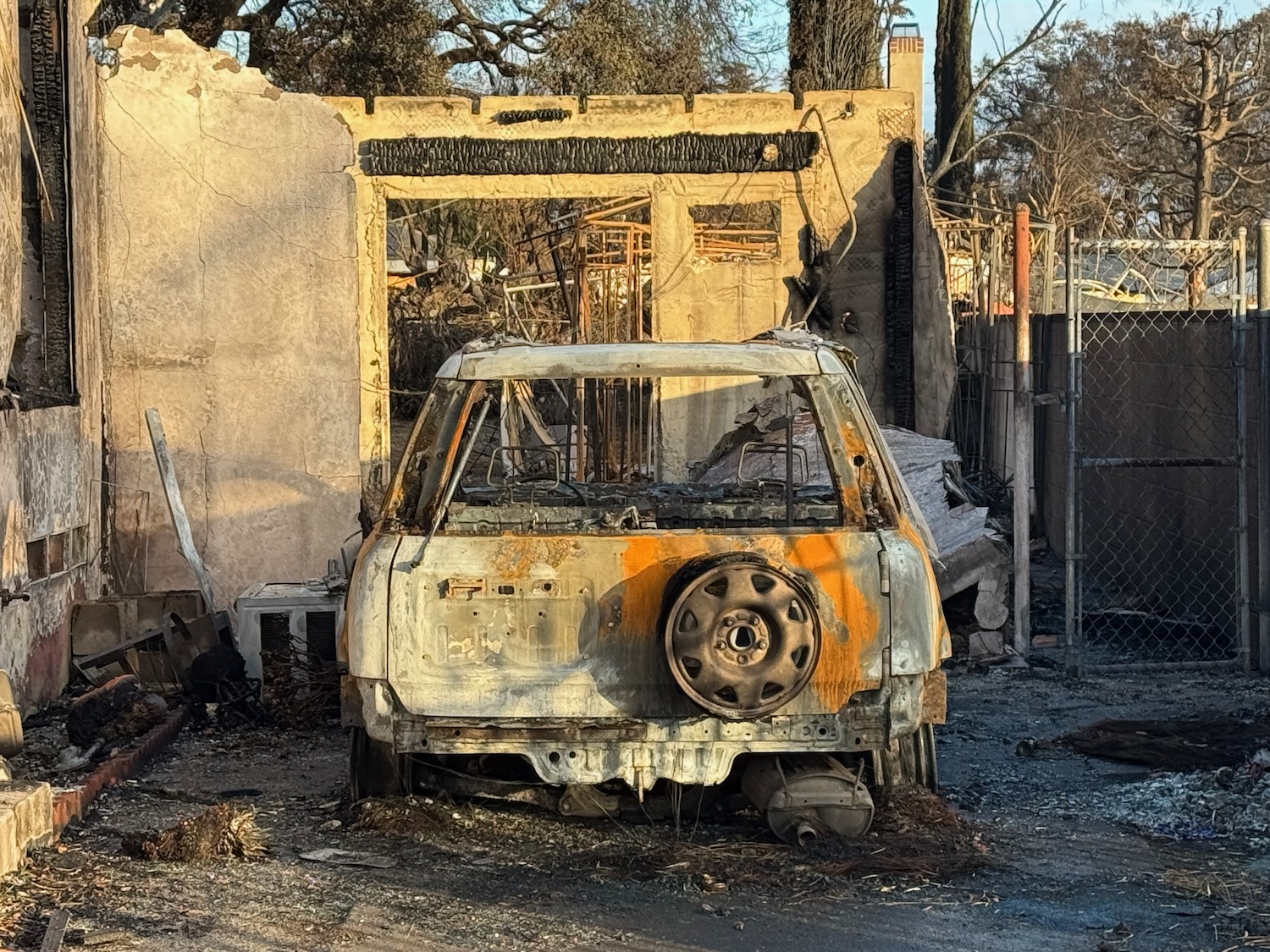 a burnt out car in a yard