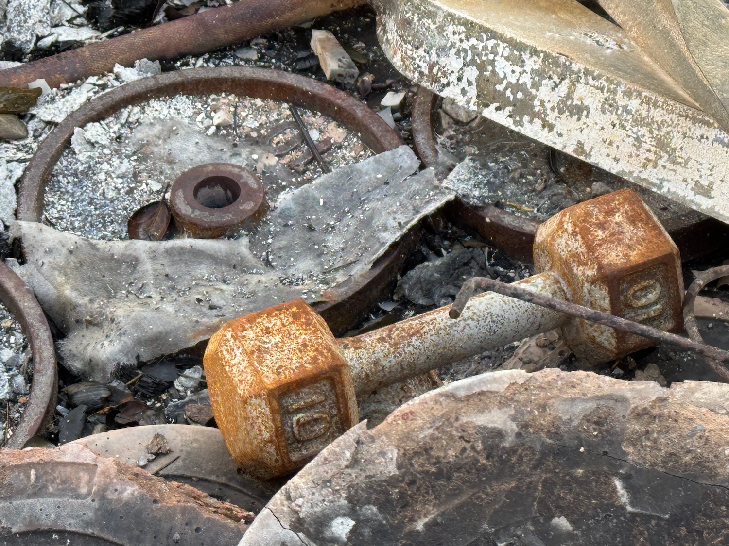 a rusty dumbbells on a pile of debris