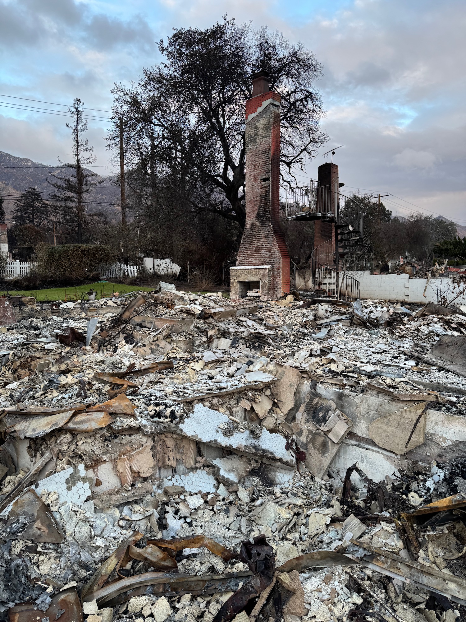 a pile of rubble and a chimney