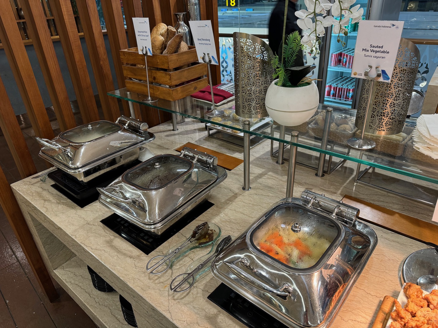 a buffet with food on the counter