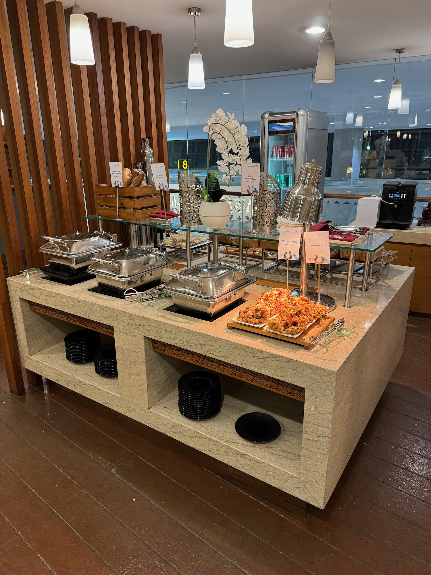 a buffet table with food on it