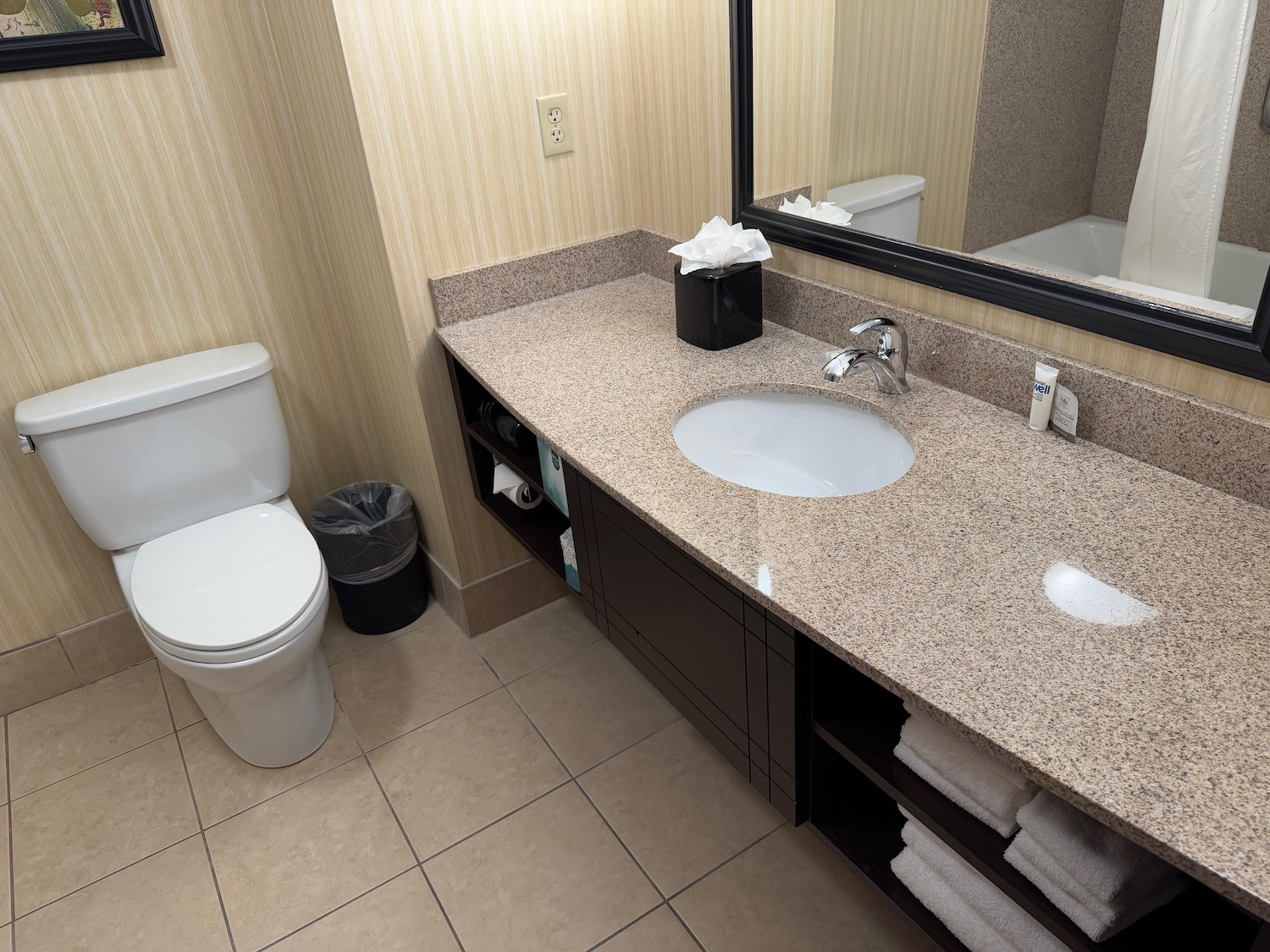 a bathroom with a marble countertop and a toilet