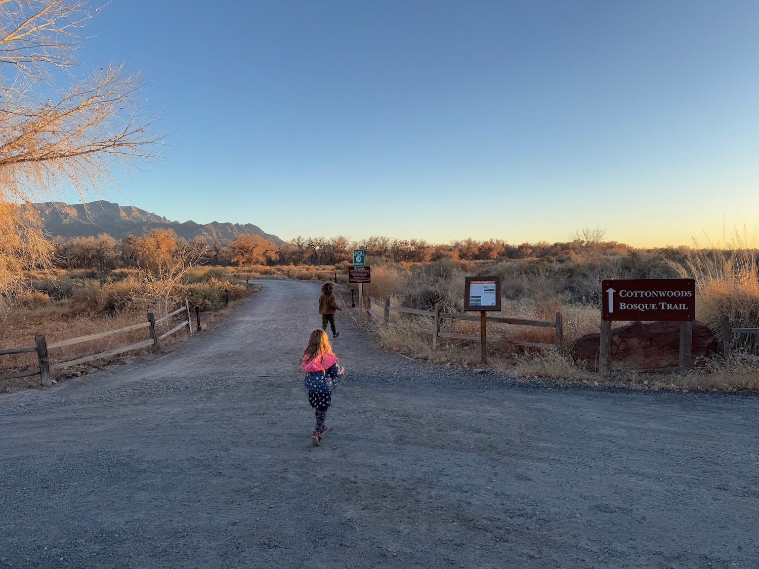 a two children walking on a dirt road