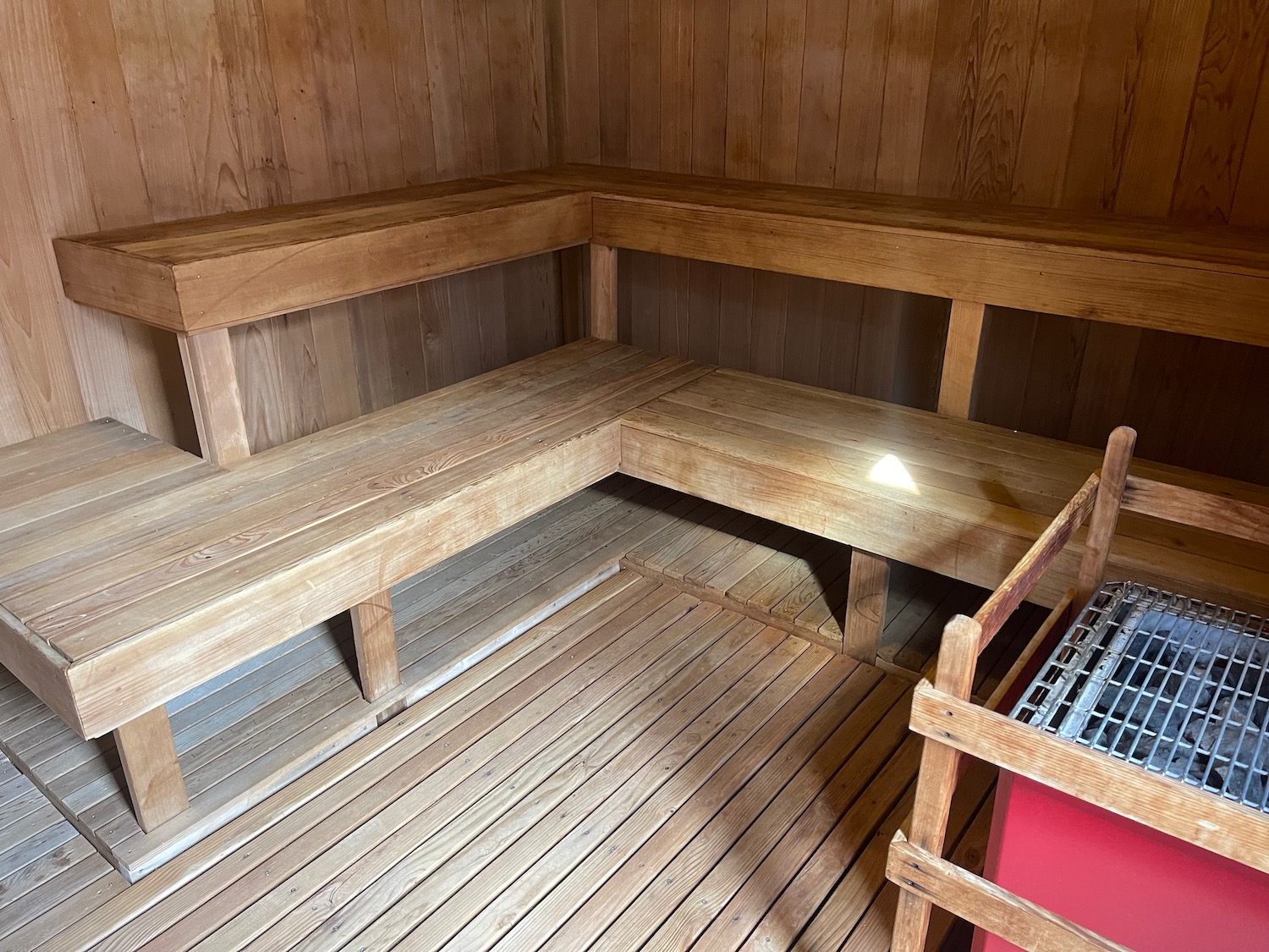 a wooden bench in a sauna