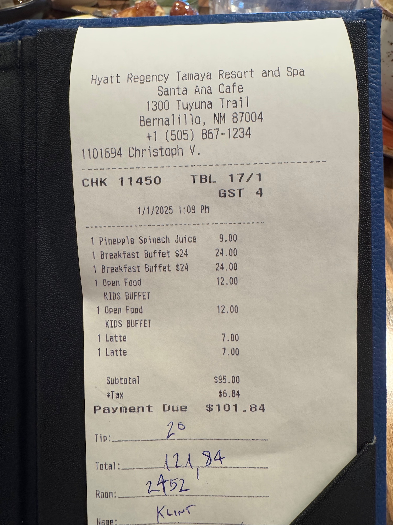 a receipt on a restaurant