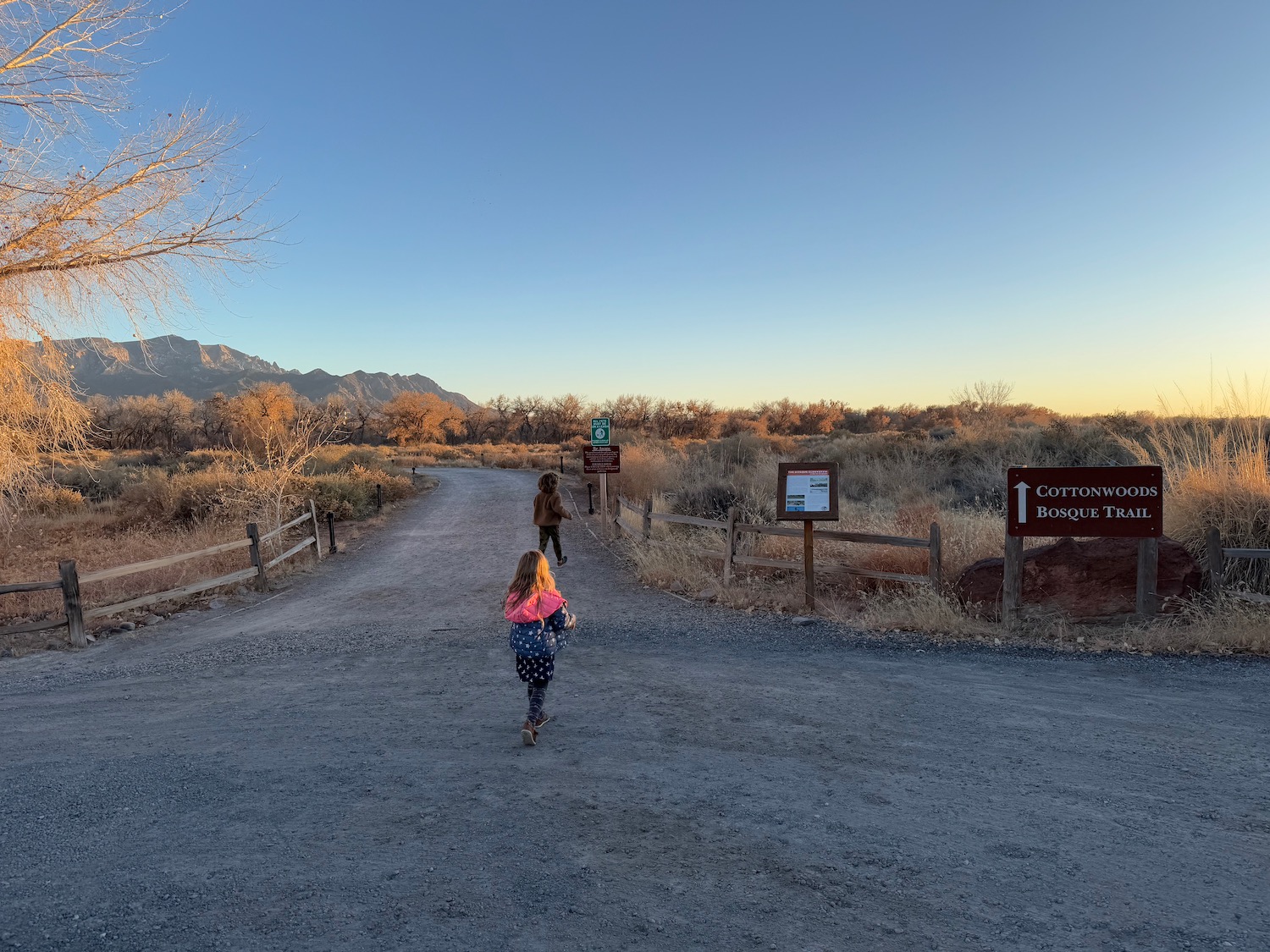 a couple of kids walking on a dirt road