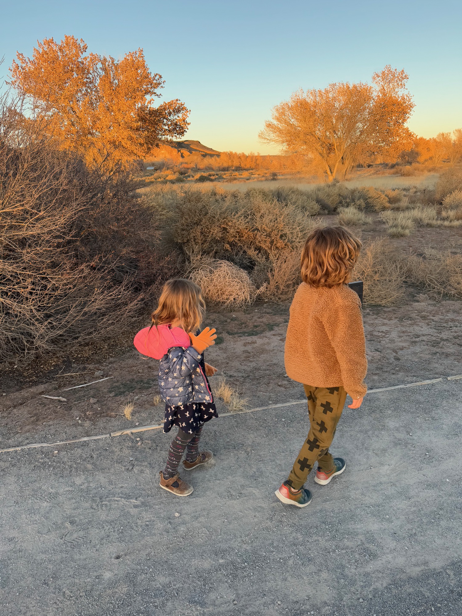 two children walking on a road