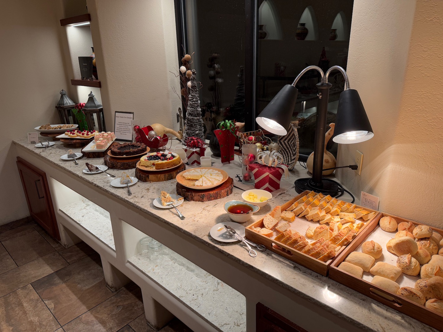 a buffet table with food on it