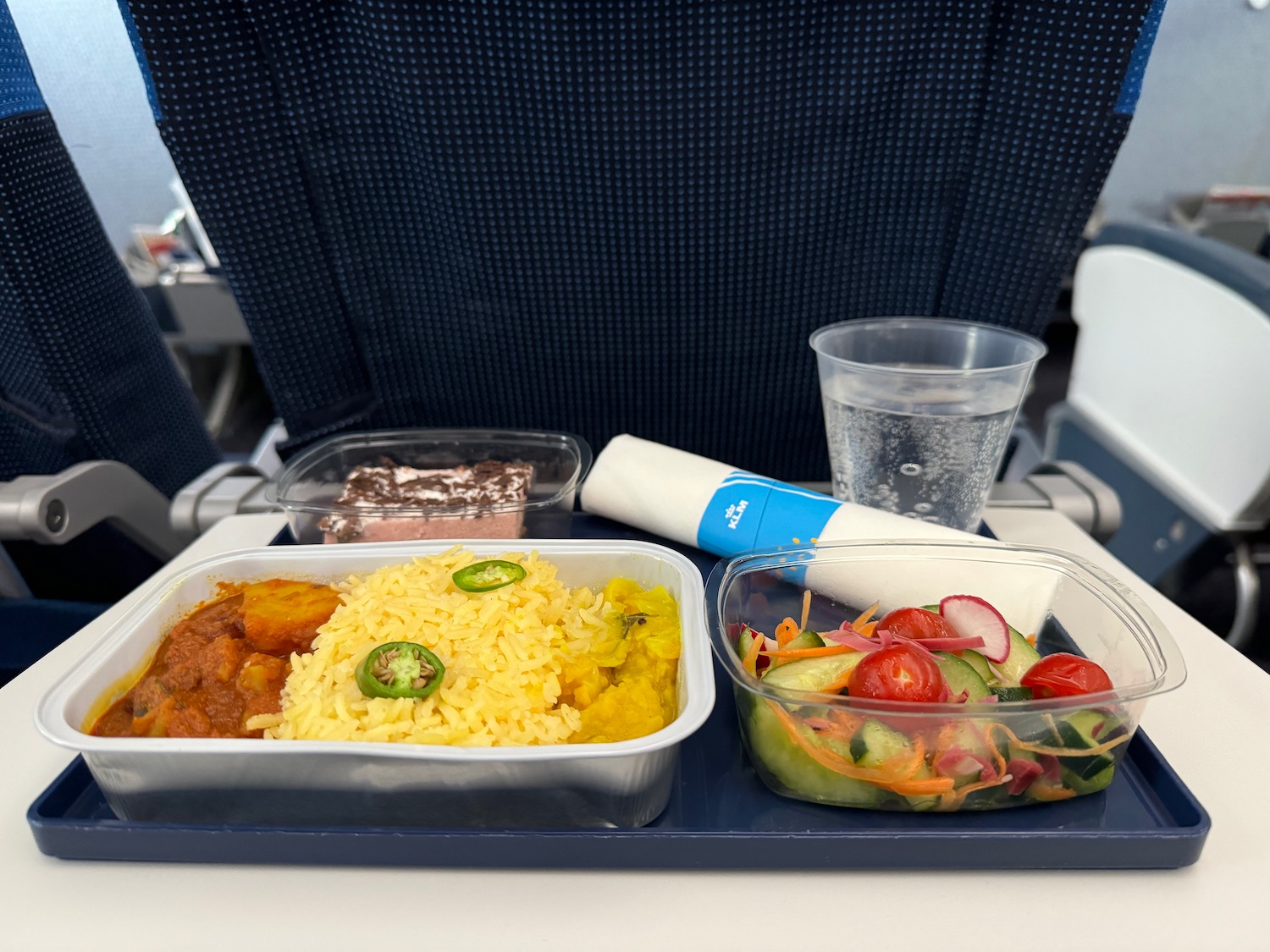 a tray of food on a plane