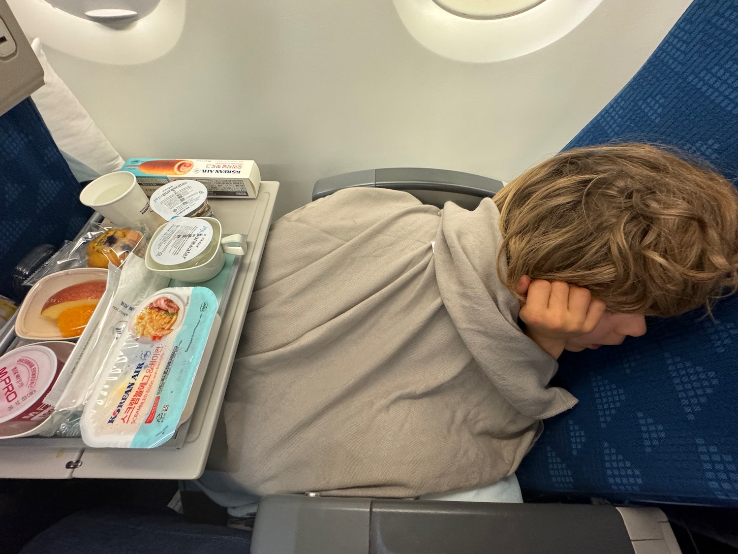 a person sleeping on an airplane